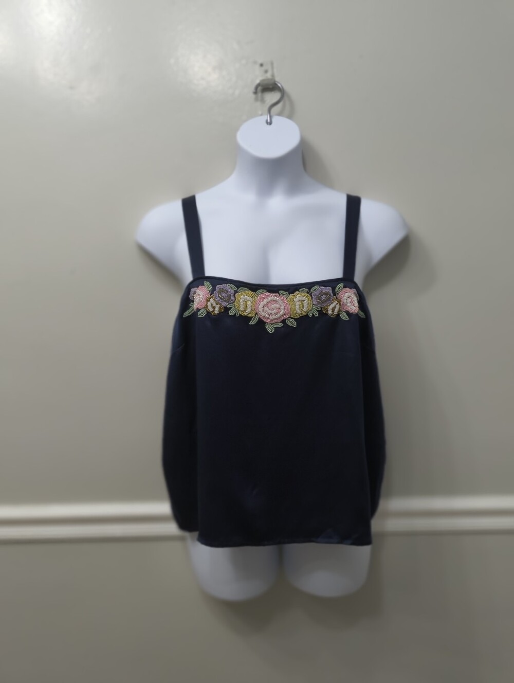 Vtg Oleg Cassini Black Tie II 100% Silk Camisole Sz 18 Floral  Navy Hand-beaded